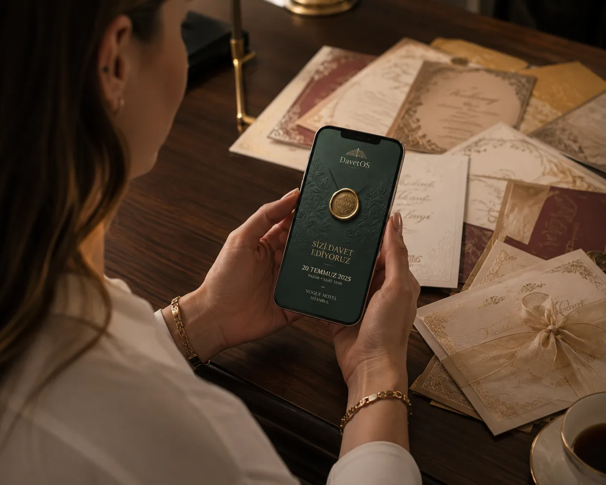 Bir davetli, DavetOS davetiyesini telefonunda açıyor — altın yaldızlı davet kartlarıyla dolu bir masada